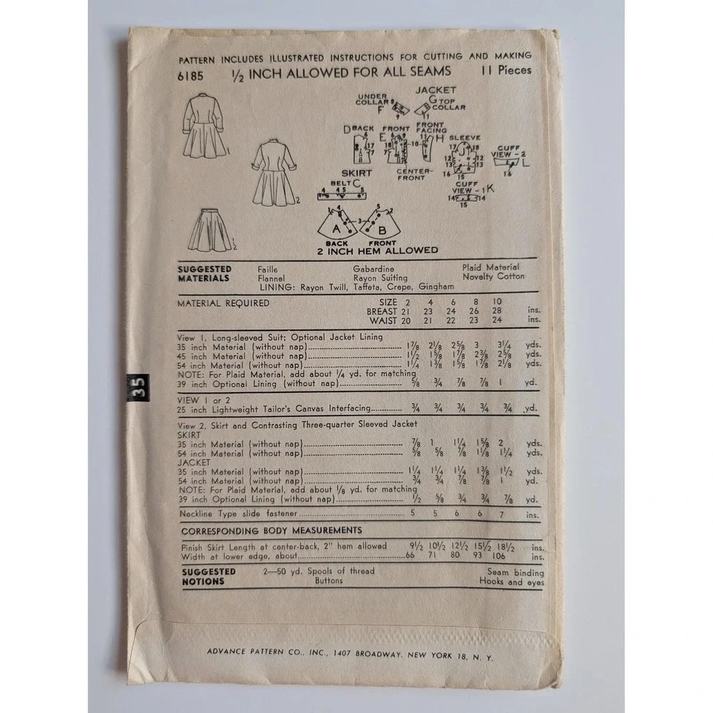 Advance 6185 Girls Suit and Skirt Sewing Pattern Size 8 Breast 26 VTG 1950s